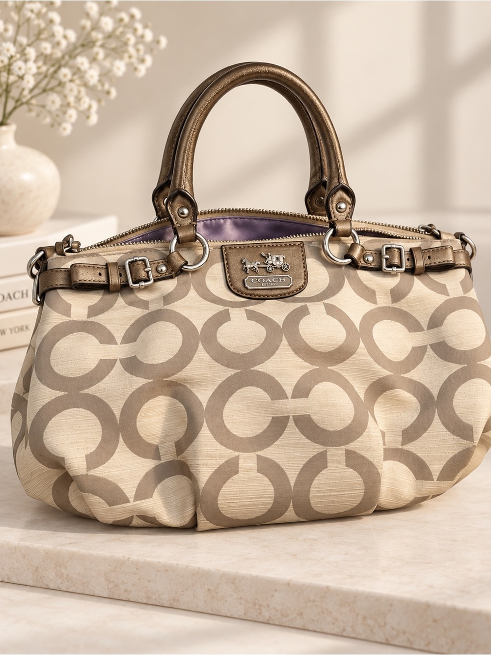 Coach Signature C Satchel Bag Beige Taupe Bronze Leather Y2K Shoulder Handbag